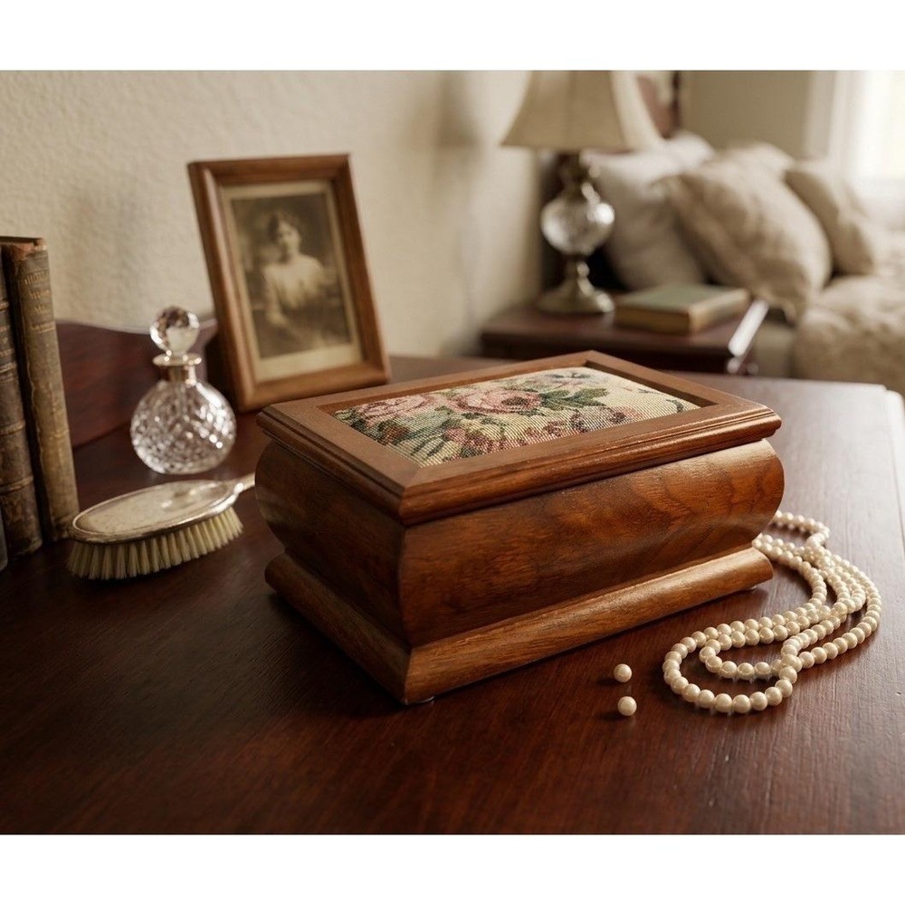 Vtg Wooden Keepsake Jewelry Box Floral Needlepoint Lid Mirrored Gray Interior